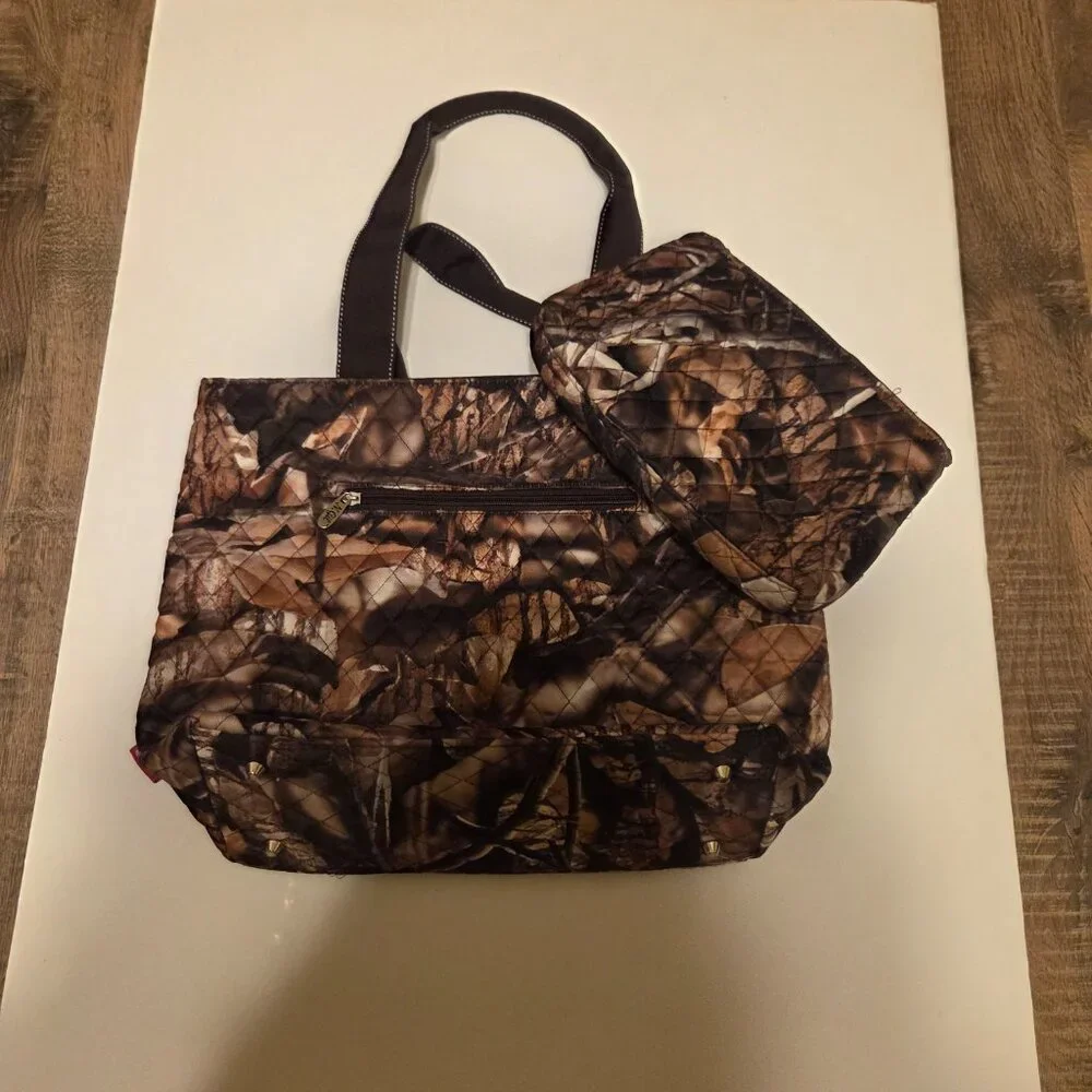 N Gil Camouflauge Brown Purse with Bown on Front and Cosmetic Bag - NWOT